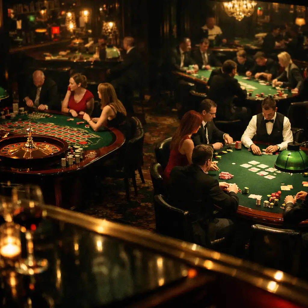 Vue partielle des tables de jeu depuis le restaurant