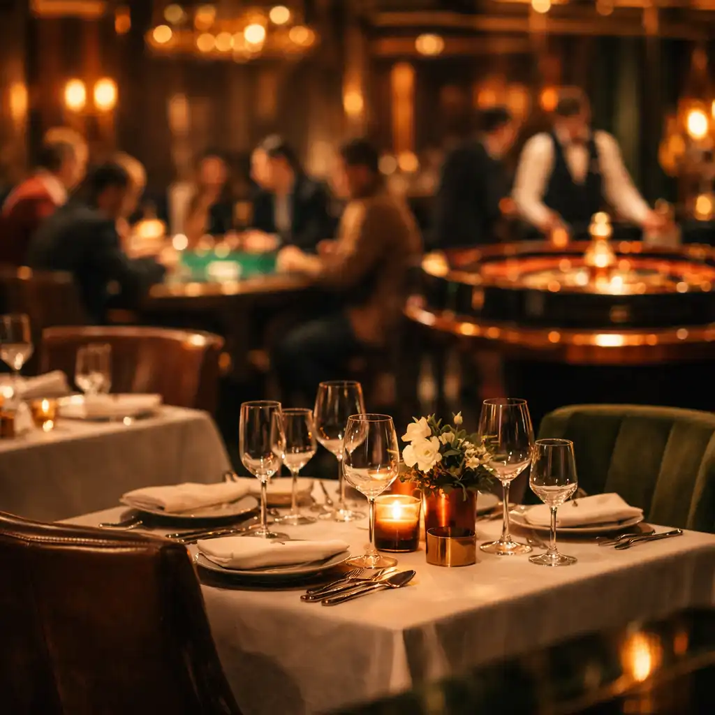 Salle de restaurant élégante avec tables de jeu de casino en arrière-plan flou