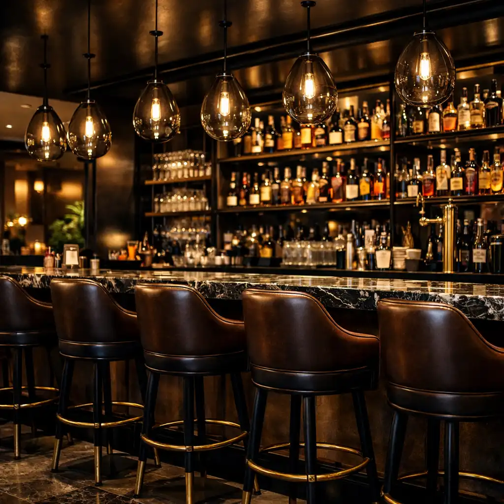 Bar attenant avec comptoir en marbre et tabourets hauts en cuir