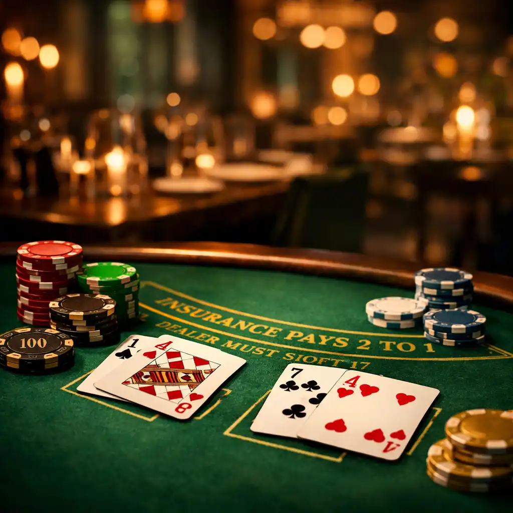Gros plan sur une table de blackjack avec cartes et jetons, arrière-plan flou d'un restaurant chic