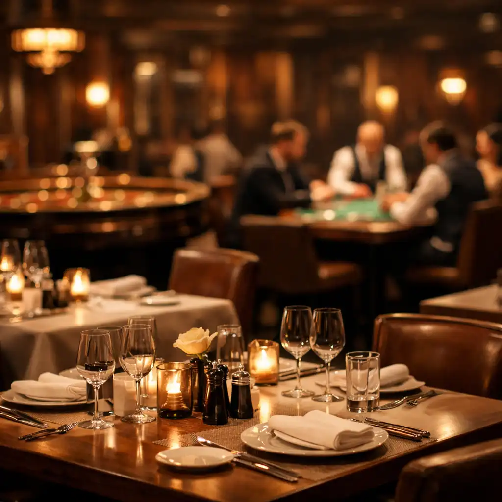 Salle de restaurant élégante avec vue sur les tables de jeu du casino en arrière-plan
