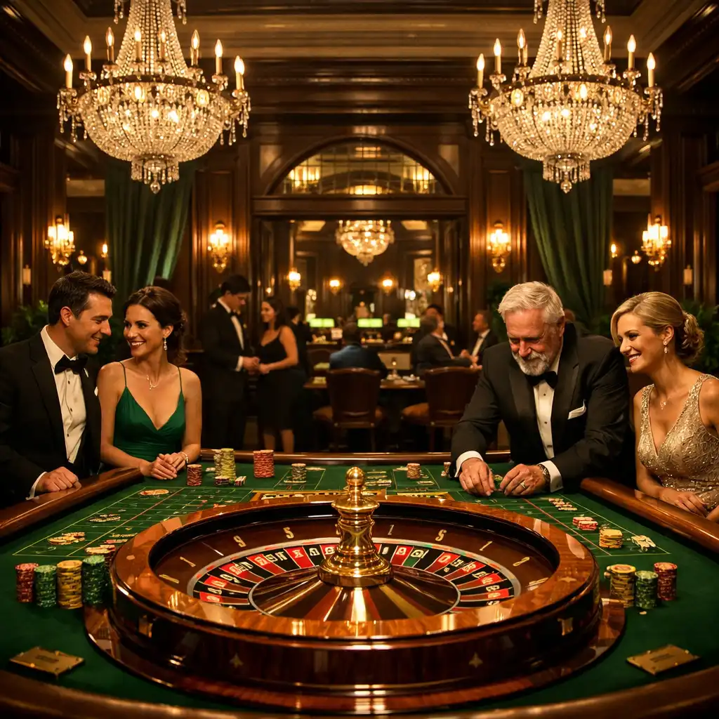 Vue d'ensemble d'une salle de casino élégante avec une table de roulette au premier plan, lustres en cristal et boiseries sombres