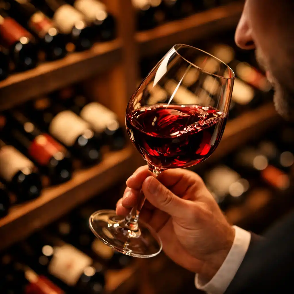 Cave à vin moderne avec bouteilles alignées et verre de vin rouge