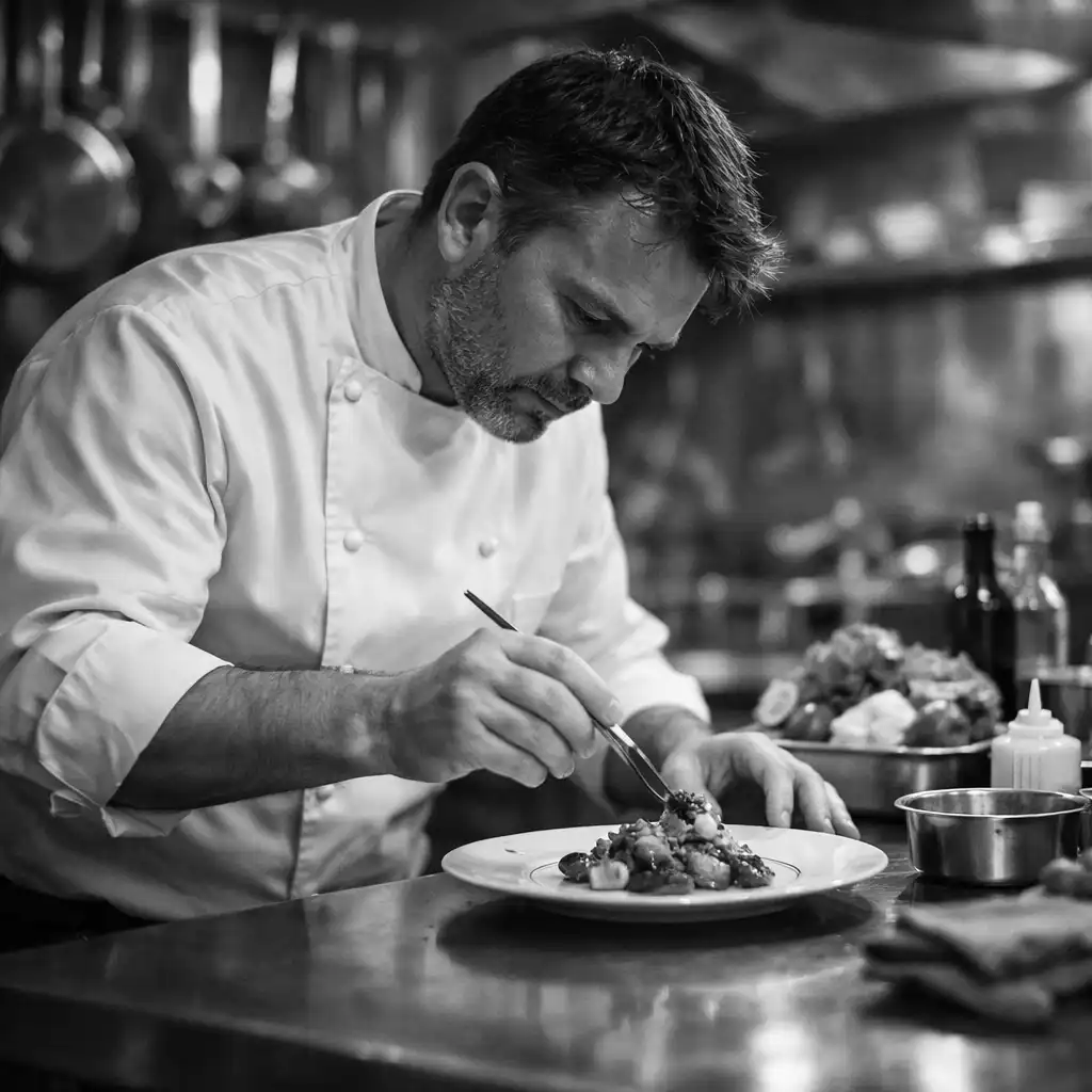 Chef en veste blanche dressant un plat dans une cuisine professionnelle