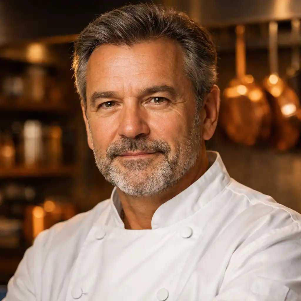 Portrait du chef exécutif en veste blanche dans une cuisine professionnelle moderne