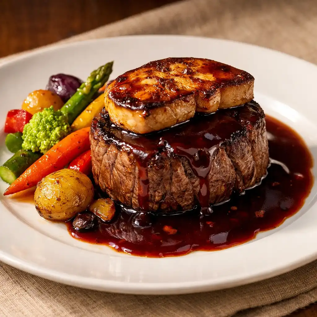 Filet de bœuf Rossini avec foie gras poêlé et sauce au vin rouge