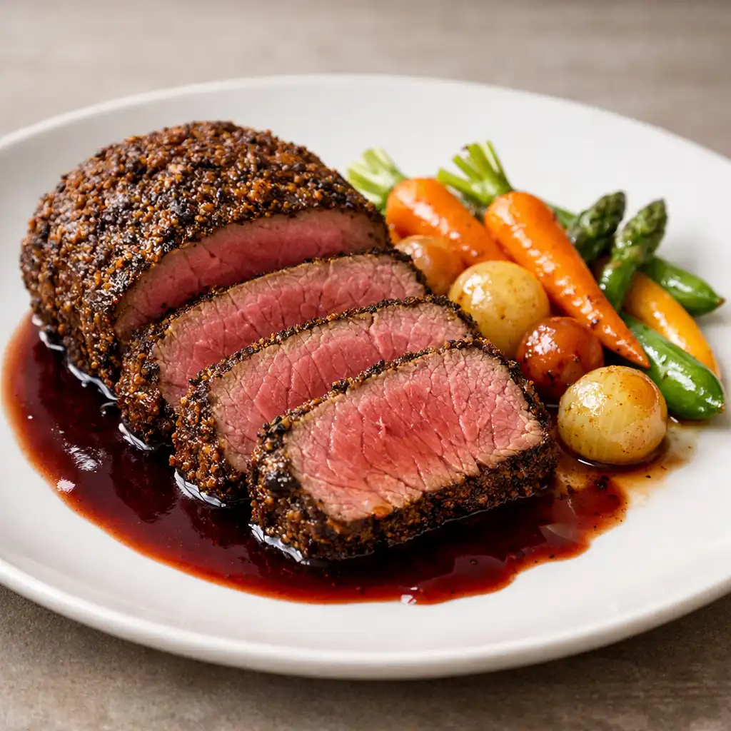 Filet de bœuf rôti tranché nappé de sauce au vin rouge avec légumes de saison