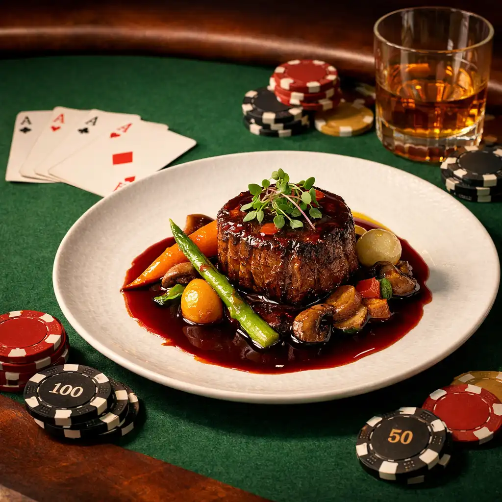Assiette gastronomique élégante posée sur une table de poker à côté de cartes et de jetons