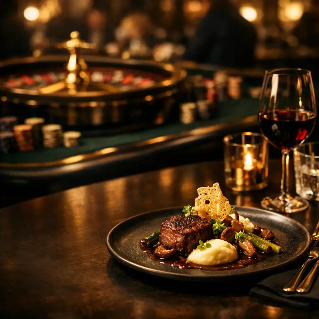 Plat gastronomique raffiné au premier plan, avec une table de roulette floutée en arrière-plan dans une ambiance tamisée
