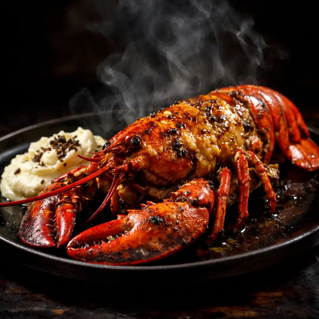 Homard rôti entier au beurre de corail sur assiette noire