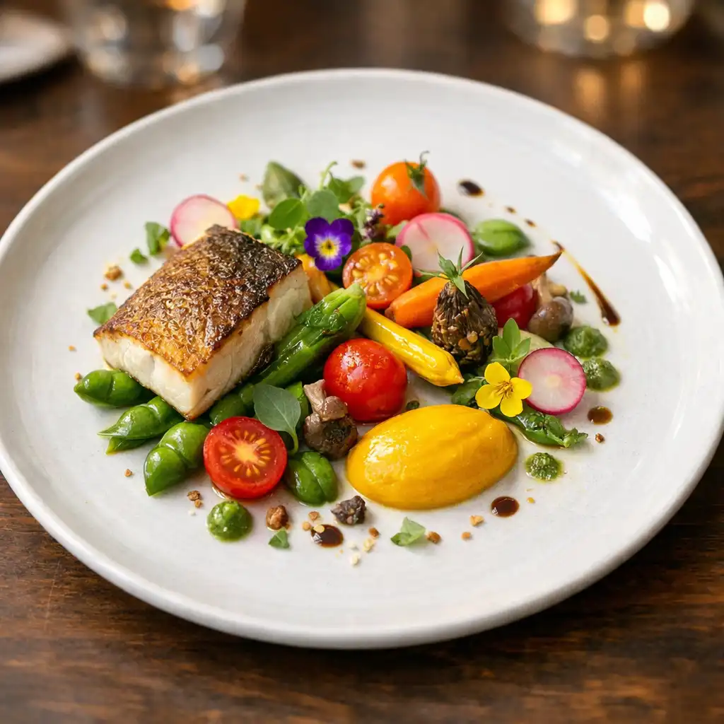 Plat signature printanier élégant sur une assiette en céramique blanche