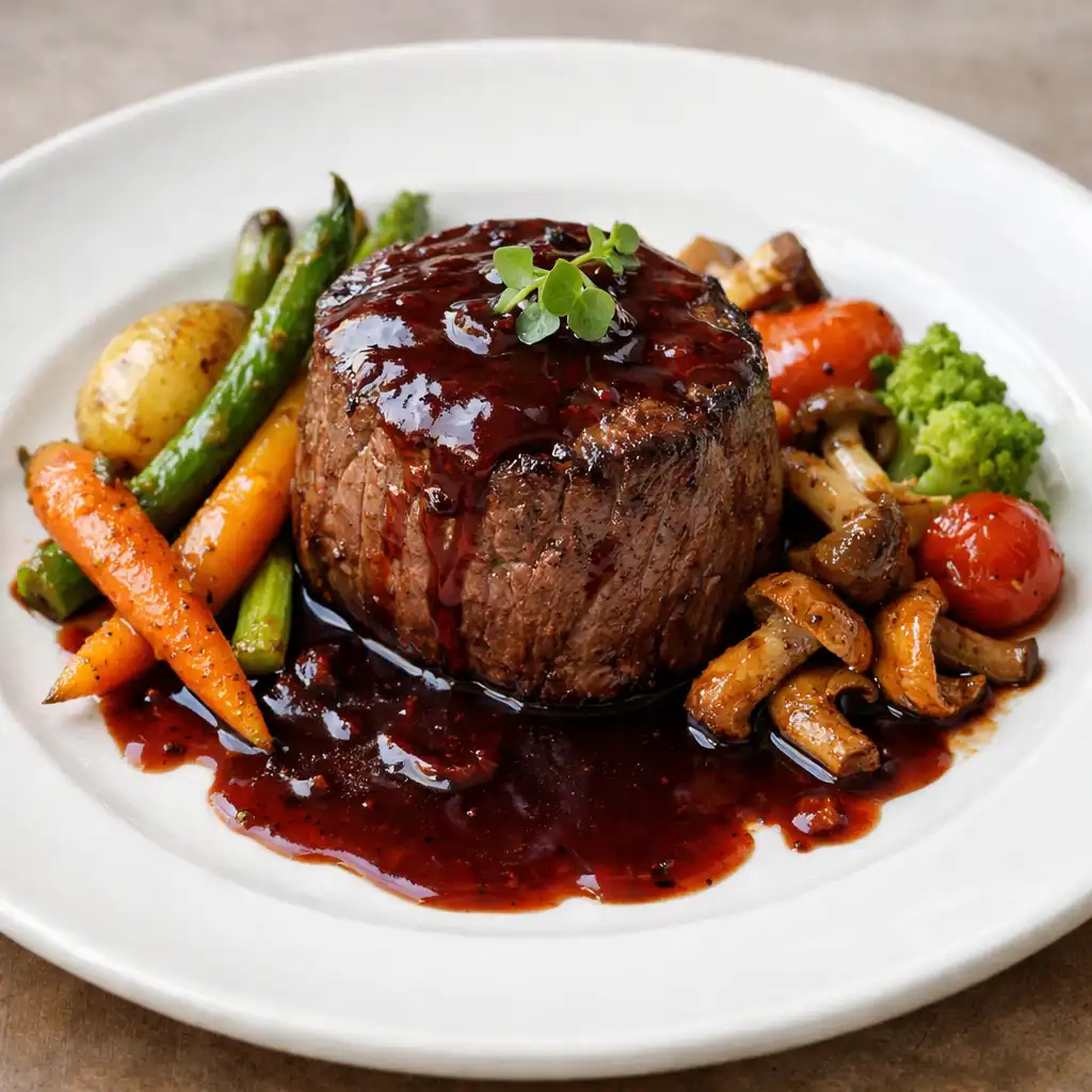 Gros plan d'un filet de bœuf rôti avec sauce au vin rouge et légumes de saison