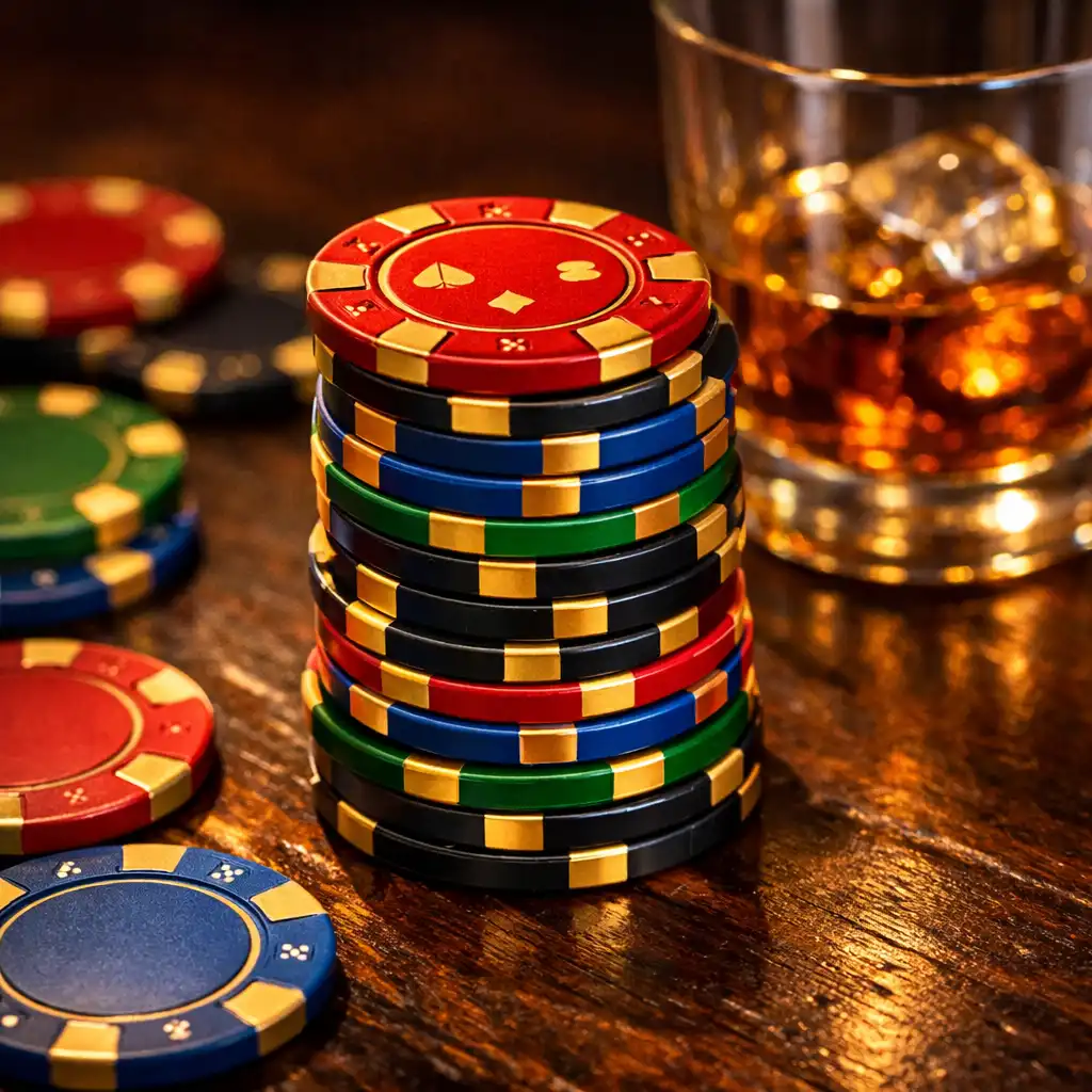 Pile de jetons de poker colorés sur une table en bois sombre