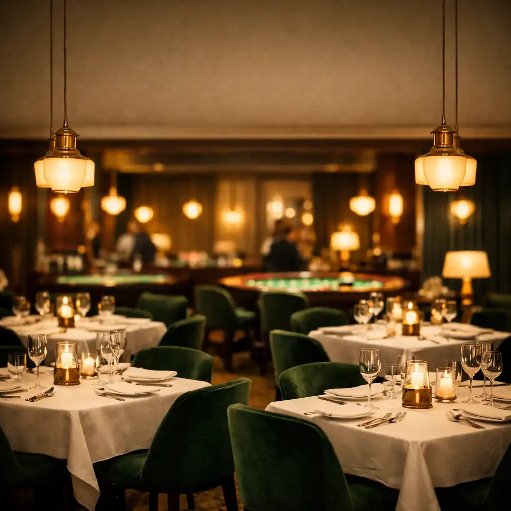 Salle de restaurant élégante avec tables nappées de lin, chaises en velours vert et suspensions en laiton, suggérant une ambiance feutrée de casino