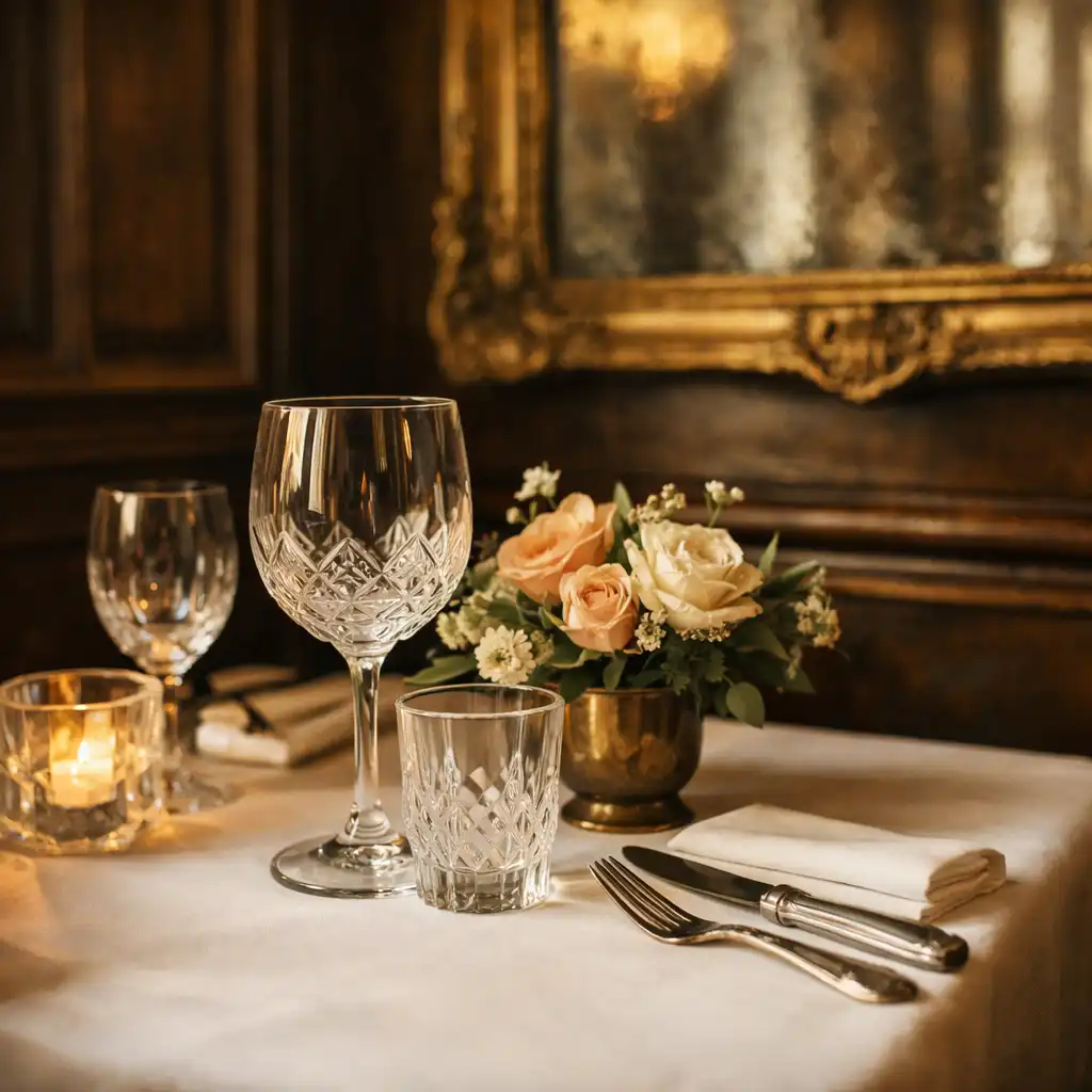 Table dressée avec verres en cristal et composition florale sur fond de boiseries sombres