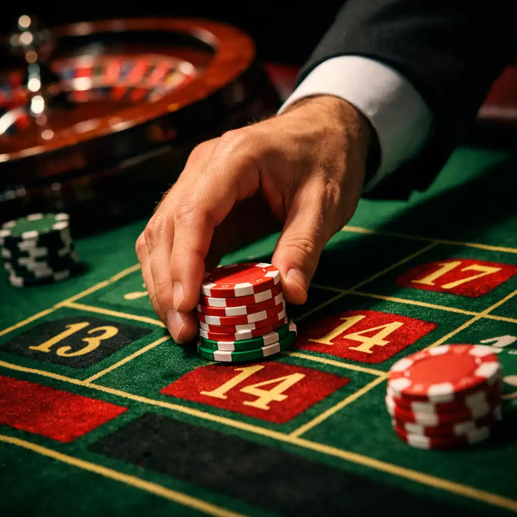 Gros plan sur une roulette, main d'un croupier plaçant des jetons sur le tapis vert