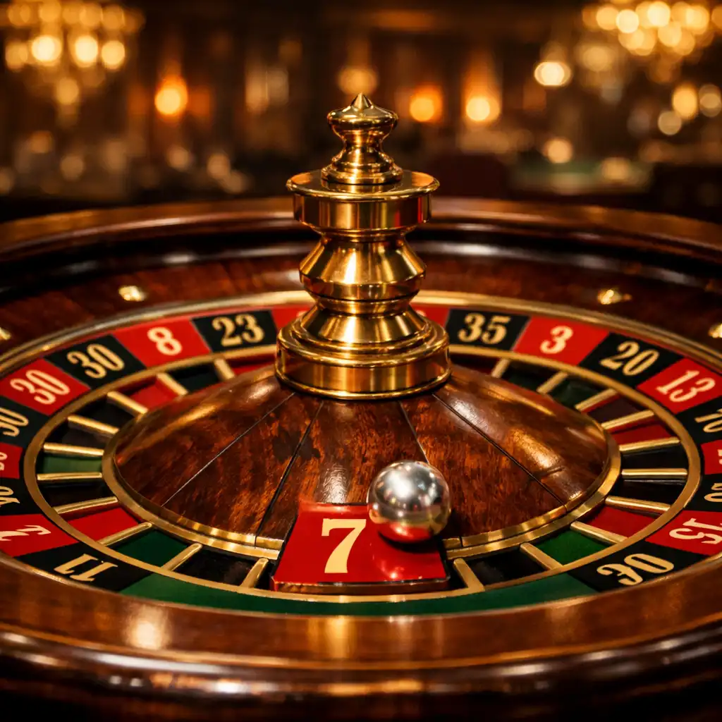 Roulette européenne en bois sombre et laiton, bille argentée sur un numéro rouge, éclairage tamisé de casino