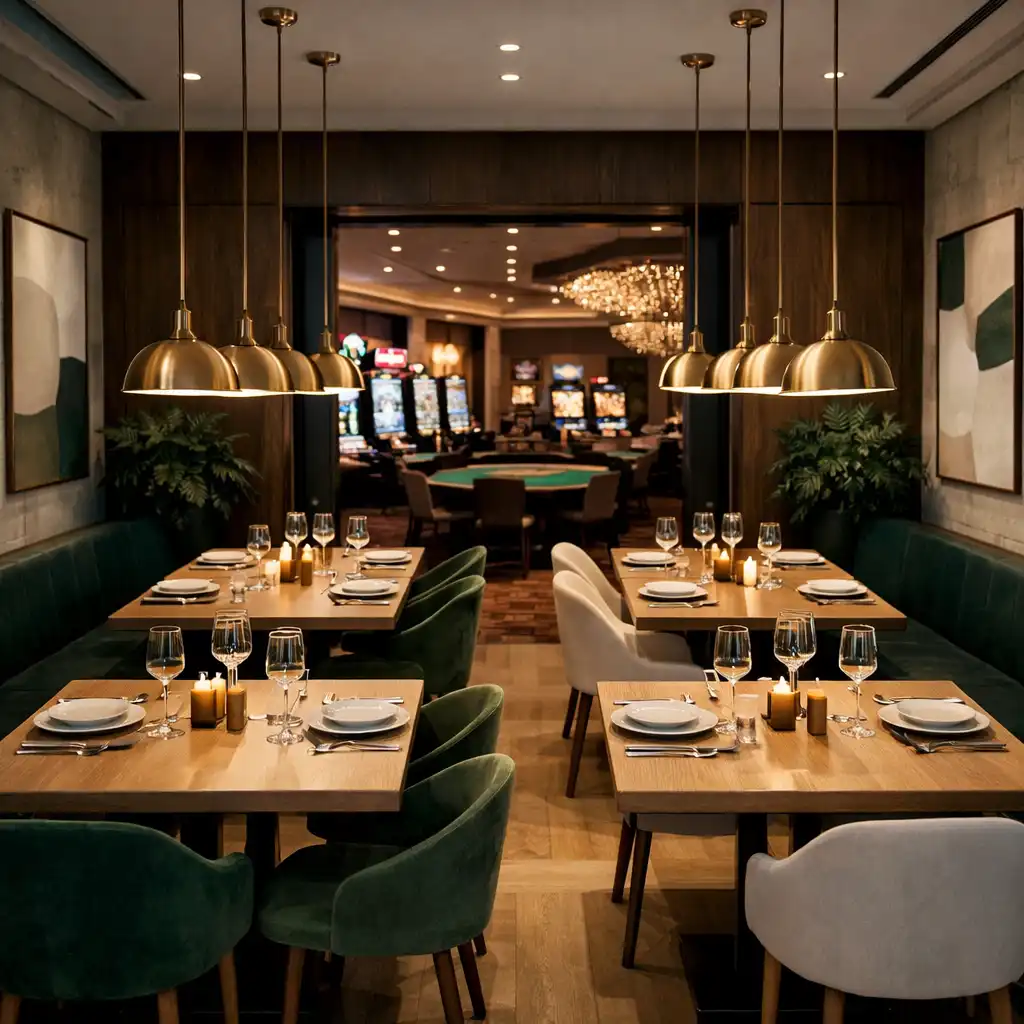 Salle principale du restaurant avec tables en bois clair et éclairage tamisé