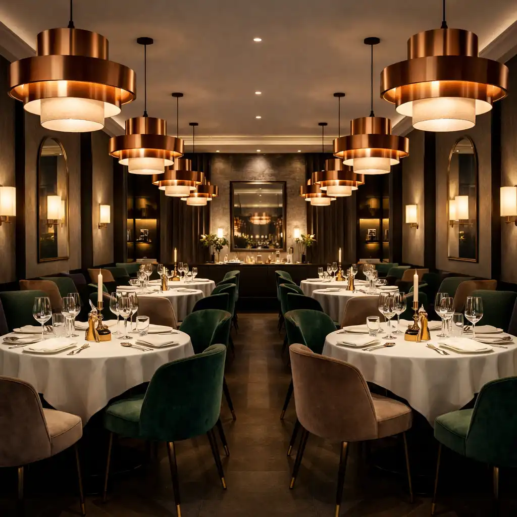 Salle de restaurant élégante avec tables dressées et éclairage tamisé