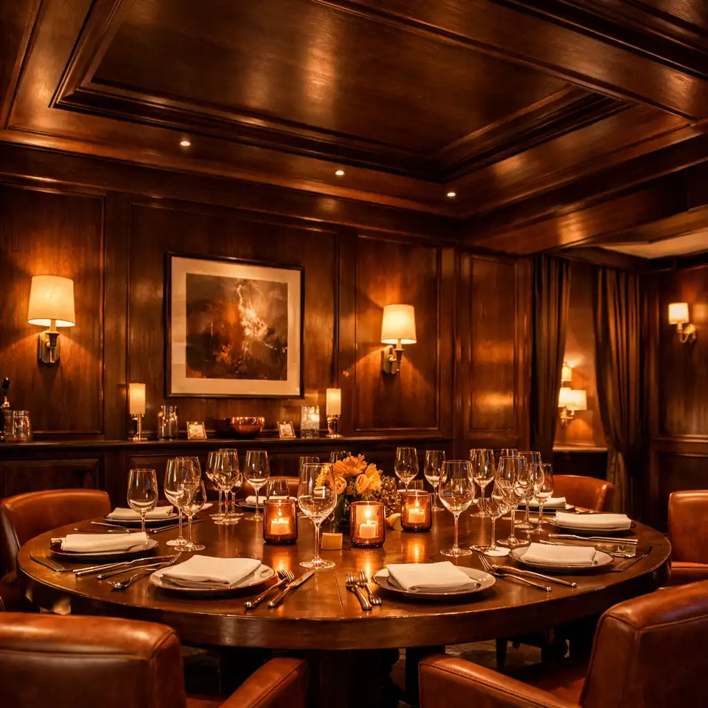 Salon privé avec boiseries sombres et table dressée pour un dîner intime