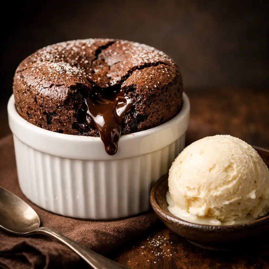 Soufflé au chocolat grand cru avec cœur coulant et glace vanille