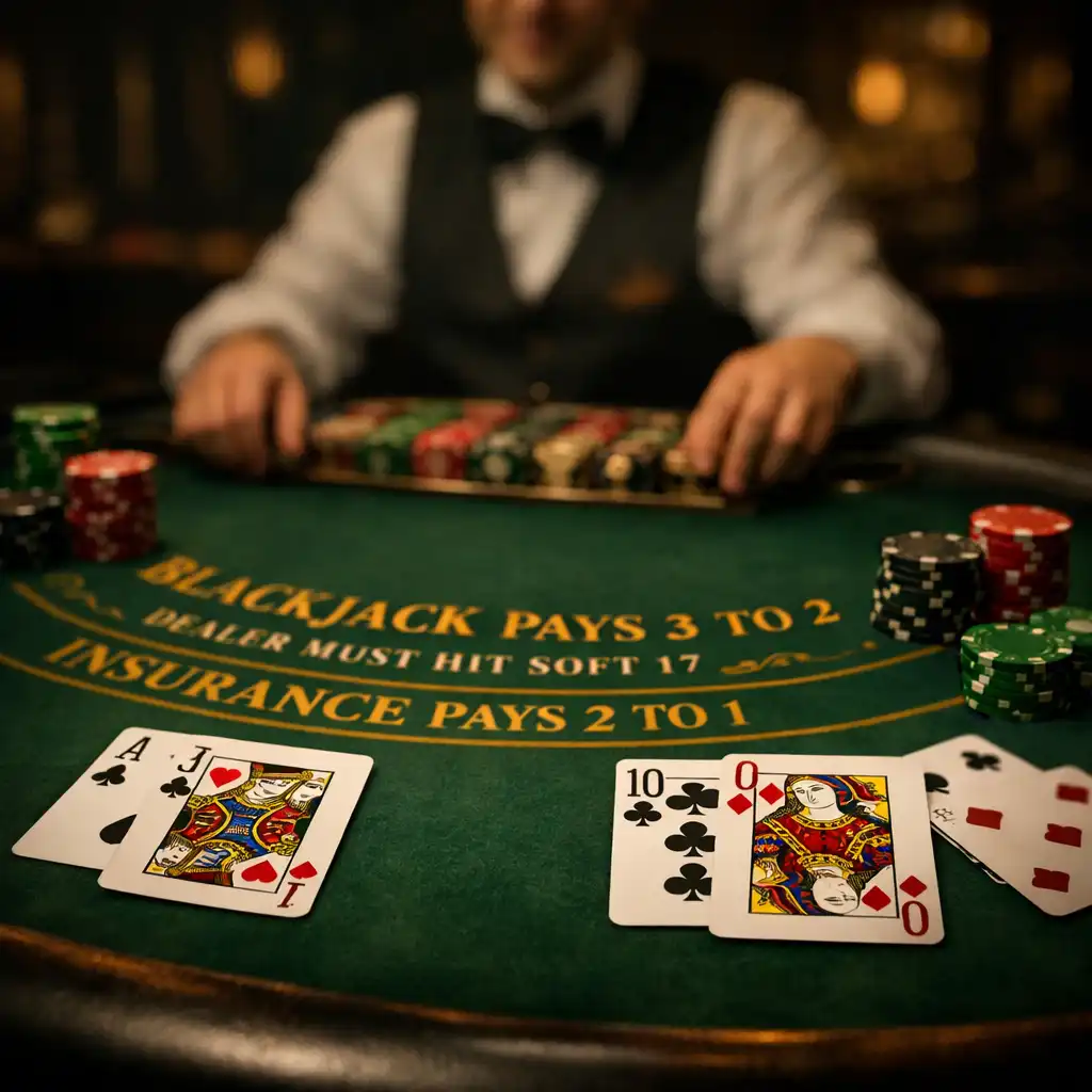 Table de blackjack avec cartes, jetons et croupier en arrière-plan