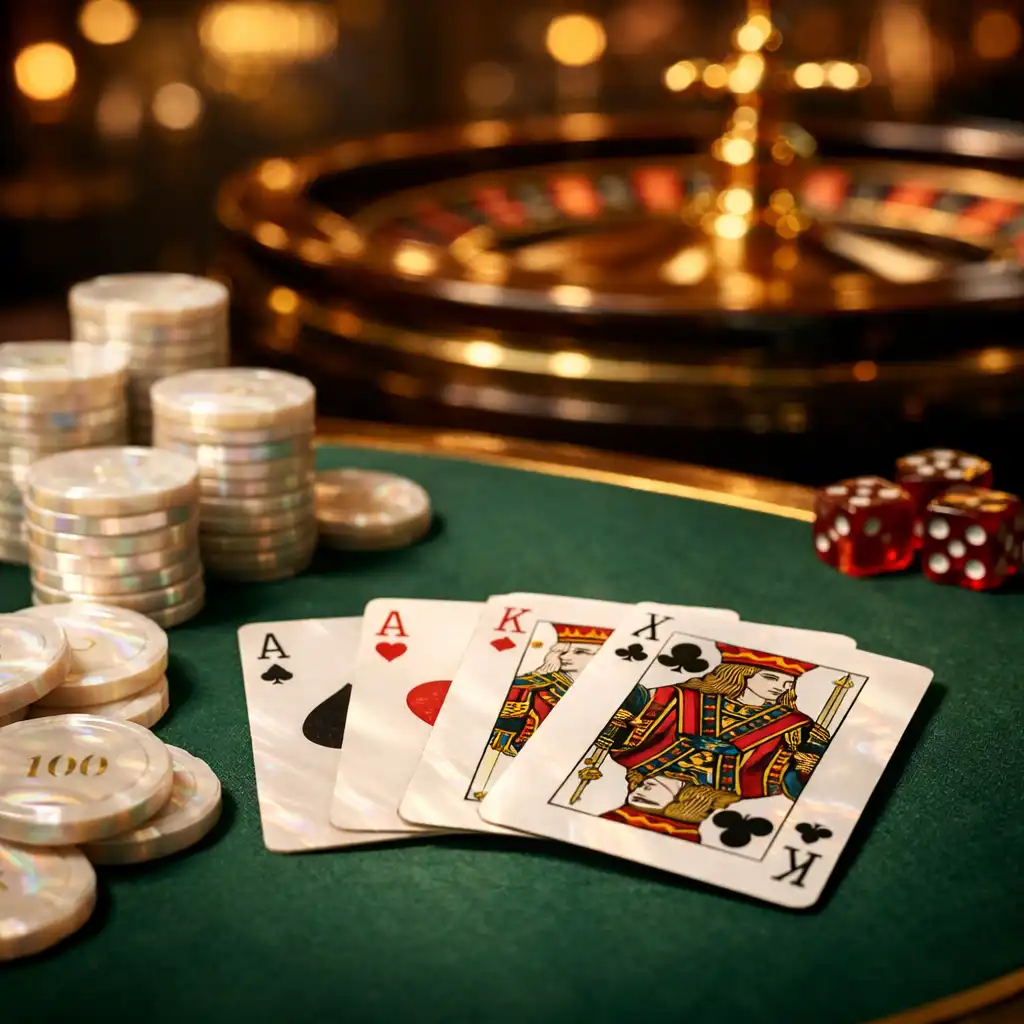 Table de blackjack avec tapis vert, cartes et jetons colorés