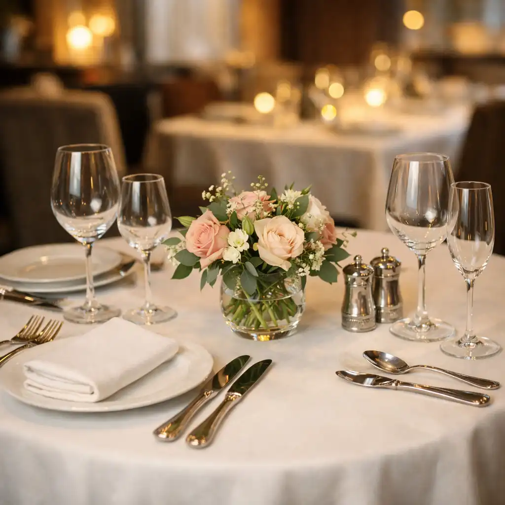 Table de restaurant dressée avec élégance, nappe blanche et couverts en argent