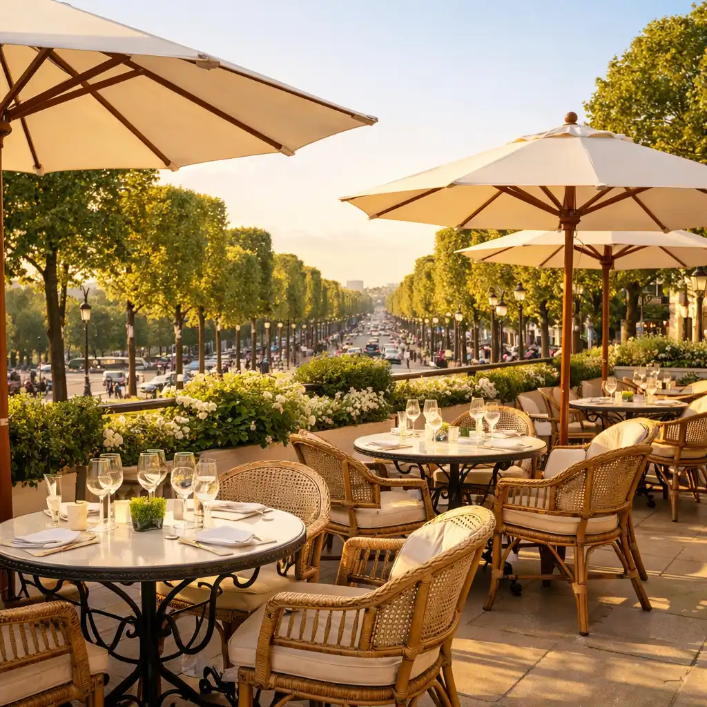 Terrasse extérieure avec tables en fer forgé, chaises en rotin et vue sur l'avenue des Champs-Élysées