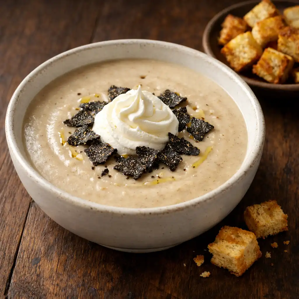 Velouté de châtaignes avec copeaux de truffe noire et croûtons dorés